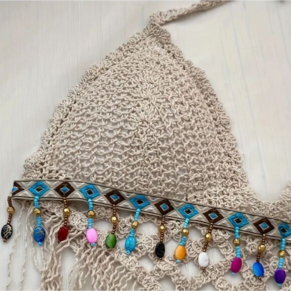 Crochet Halter Bra with Cropped Tassel Hem Summer Sleeveless Casual Top - Picture 2 of 8